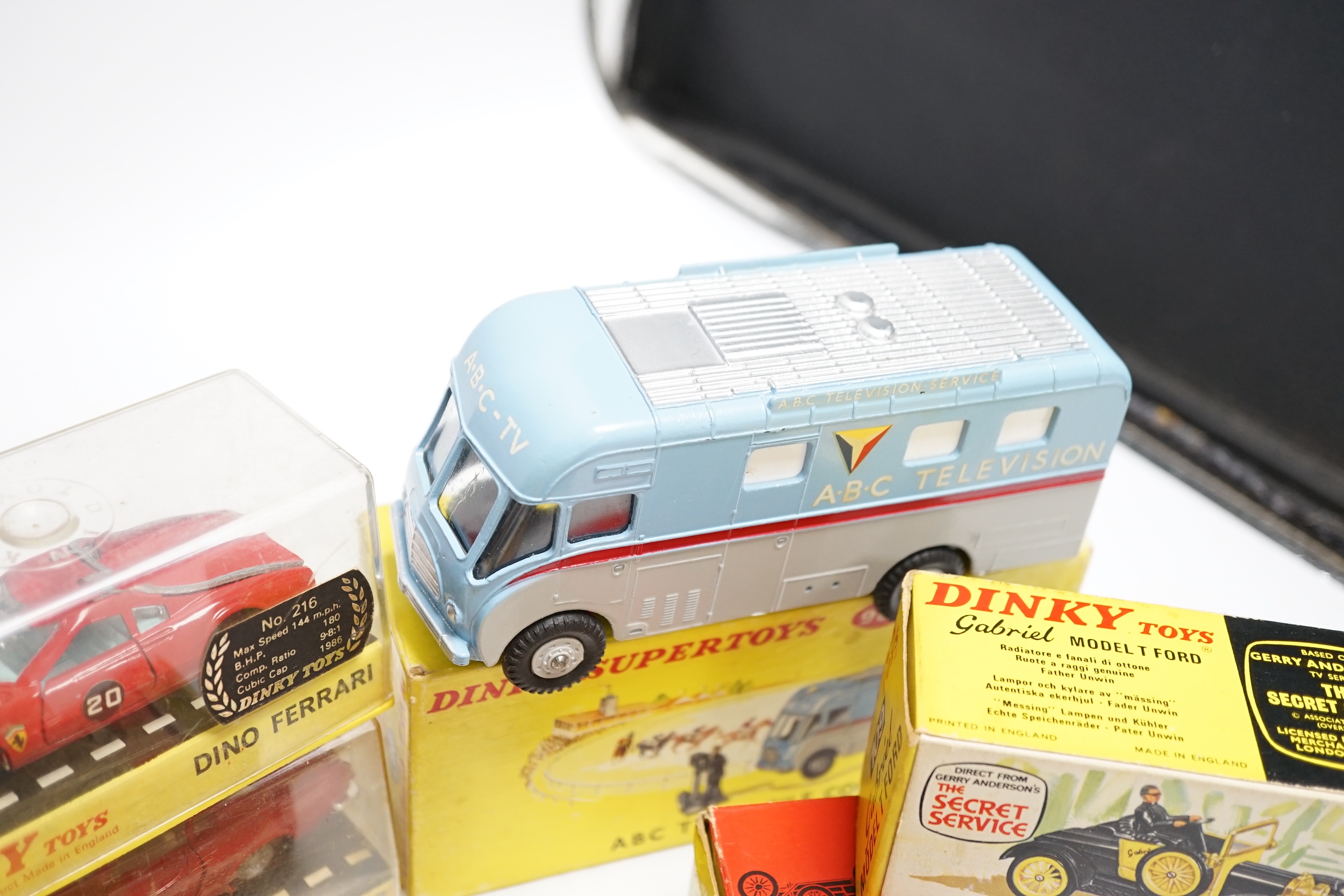Eight boxed Dinky Toys including two (109) Gabriel Model T Fords, (987) ABC TV Mobile Control Room, (200) Matra 630, (116) Volvo 1800S, (216) Ferrari Dino, (196) Holden Special Sedan, (451) Johnston Road Sweeper, plus an